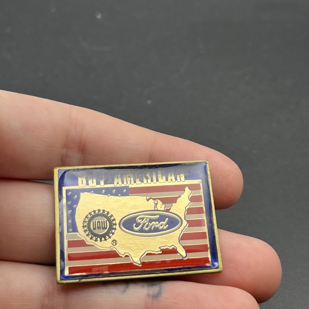 United Auto Workers UAW Buy American Ford USA Flag Lapel Hat Pin